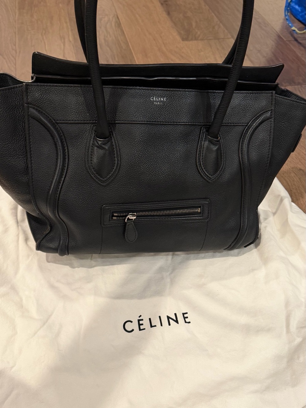 Celine Black Leather Tote with Front Zip Pocket